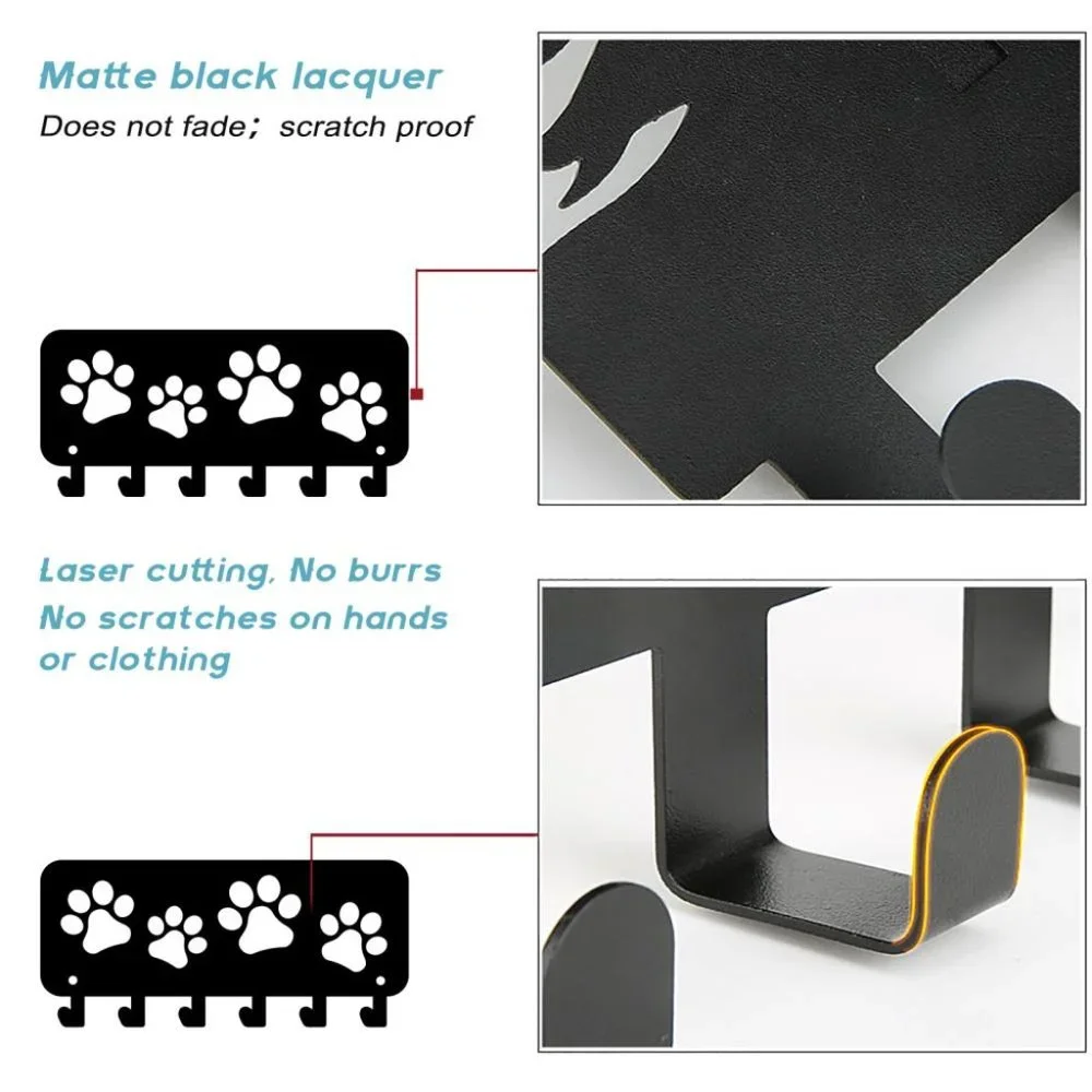 New paw print cat / dog black metal wall hanger with 6 hooks